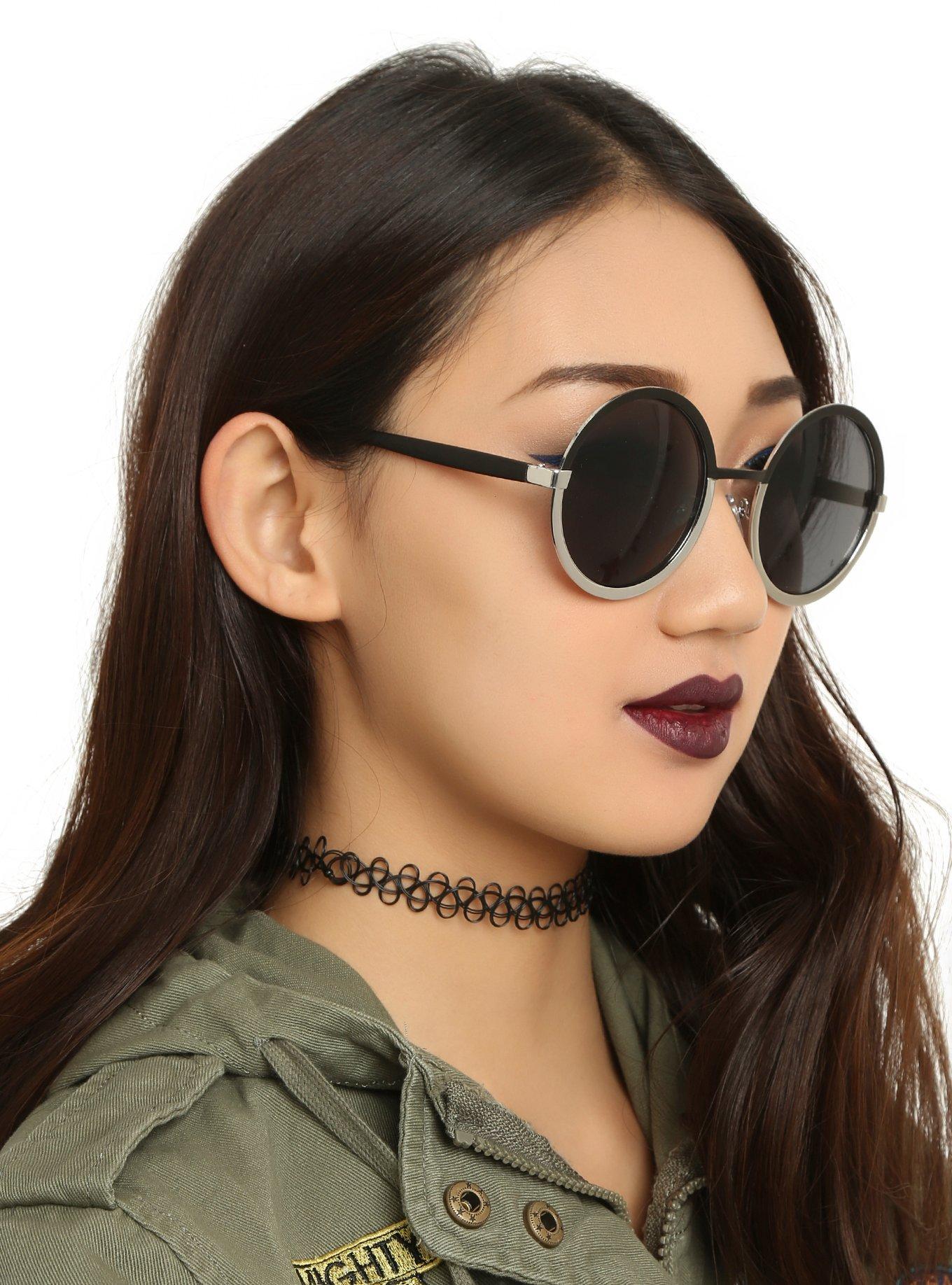 Black & Silver Round Sunglasses, , hi-res
