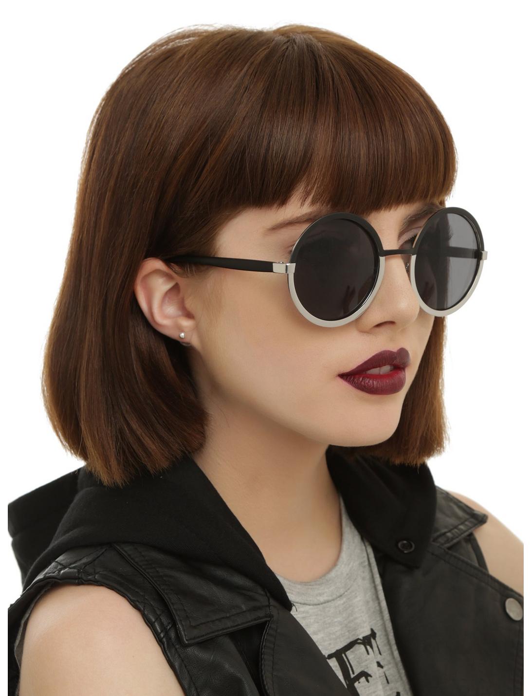 Silver & Matte Black Round Sunglasses, , hi-res