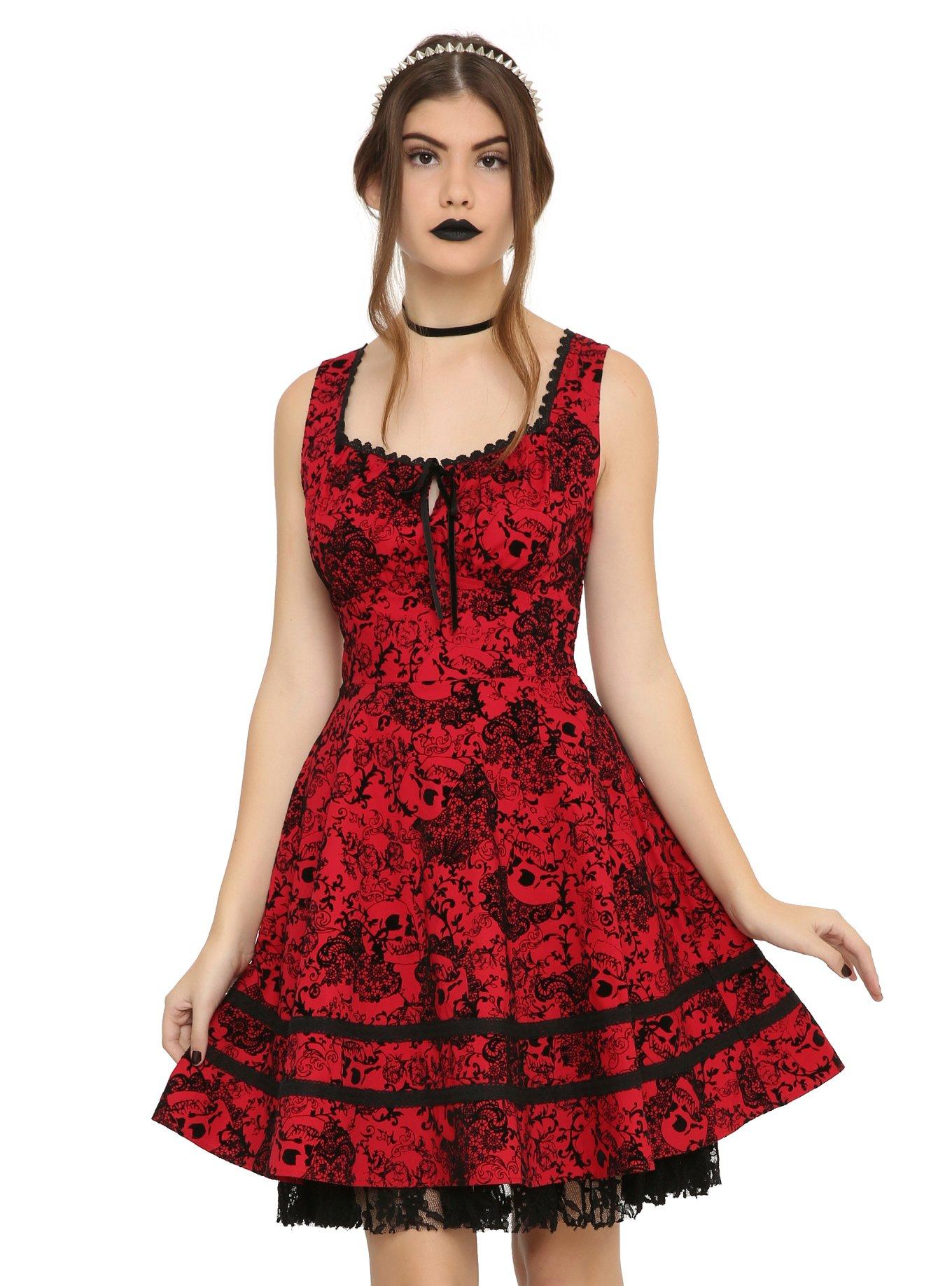 Red & Black Flocked Filigree Skull Dress | Hot Topic