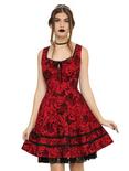 Red & Black Flocked Filigree Skull Dress, BURGUNDY, hi-res