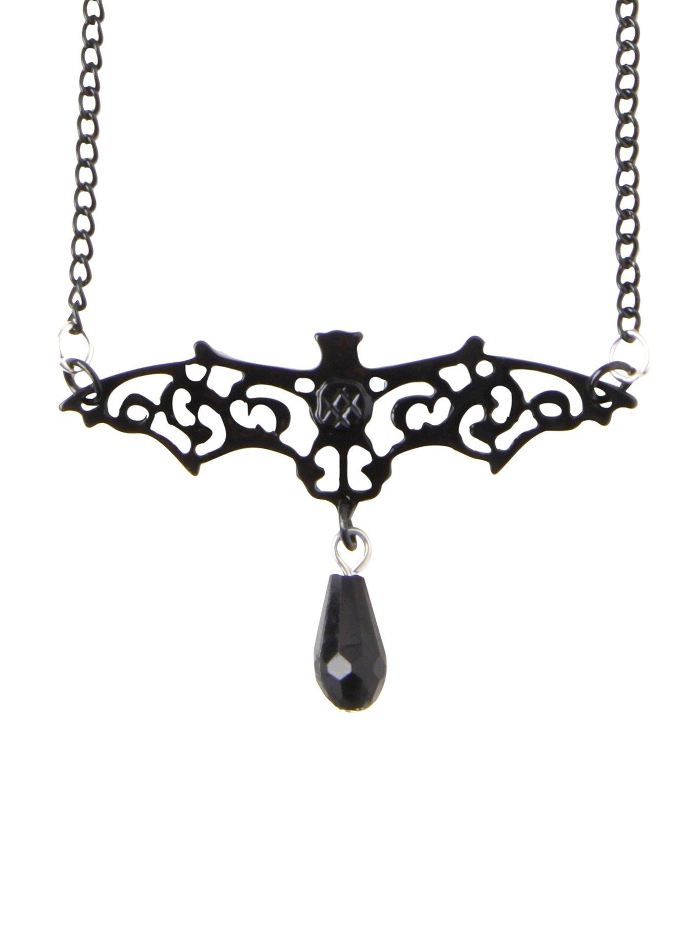 Black Filigree Bat Bead Drop Necklace, , hi-res