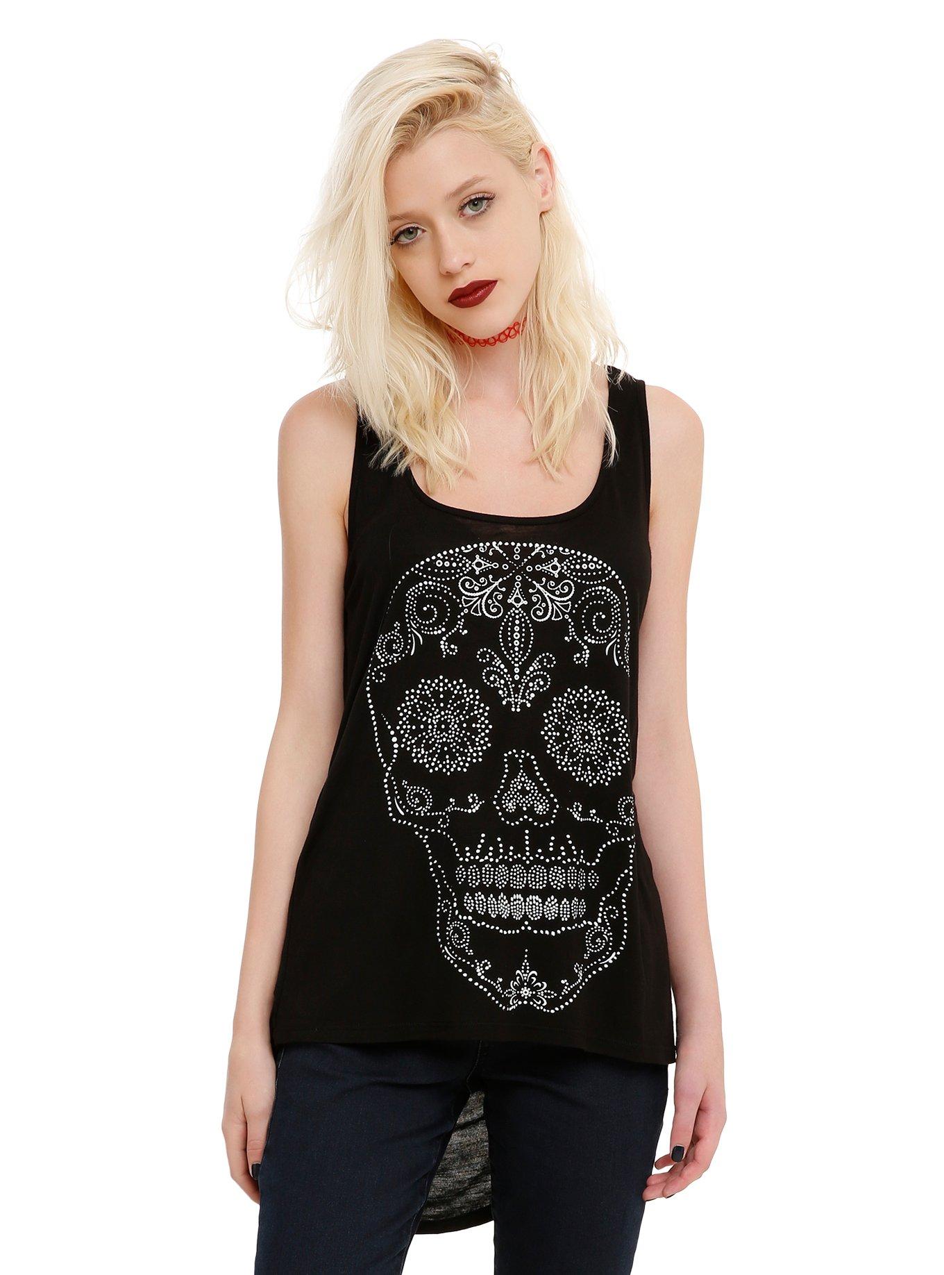 Glitter Skull Open-Back Girls Hi-Lo Tank Top, BLACK, hi-res