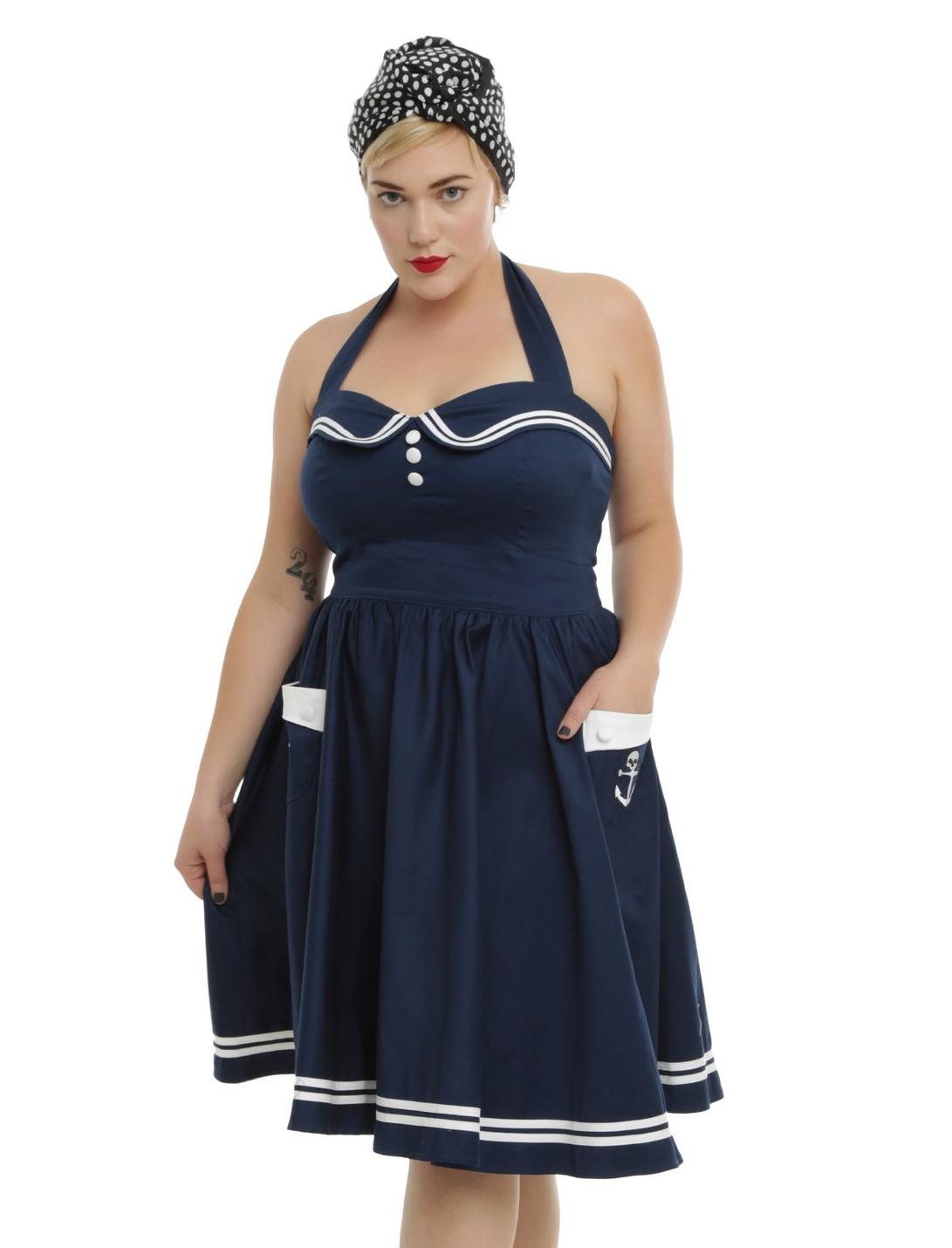 Hell Bunny Navy Motley Sailor Dress Plus Size, BLUE, hi-res