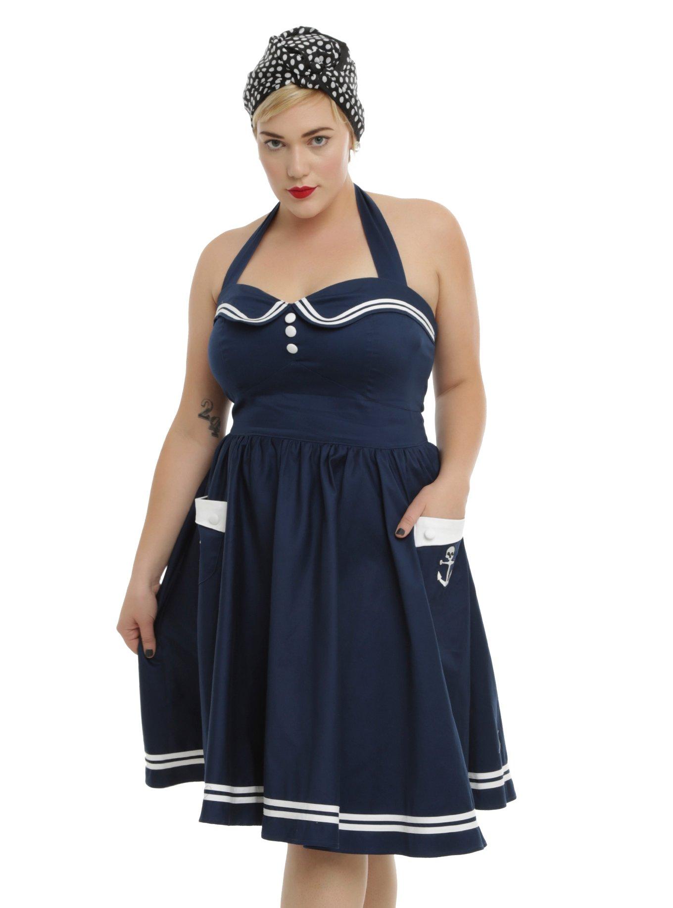 Hell Bunny Navy Motley Sailor Dress Plus Size, BLUE, hi-res