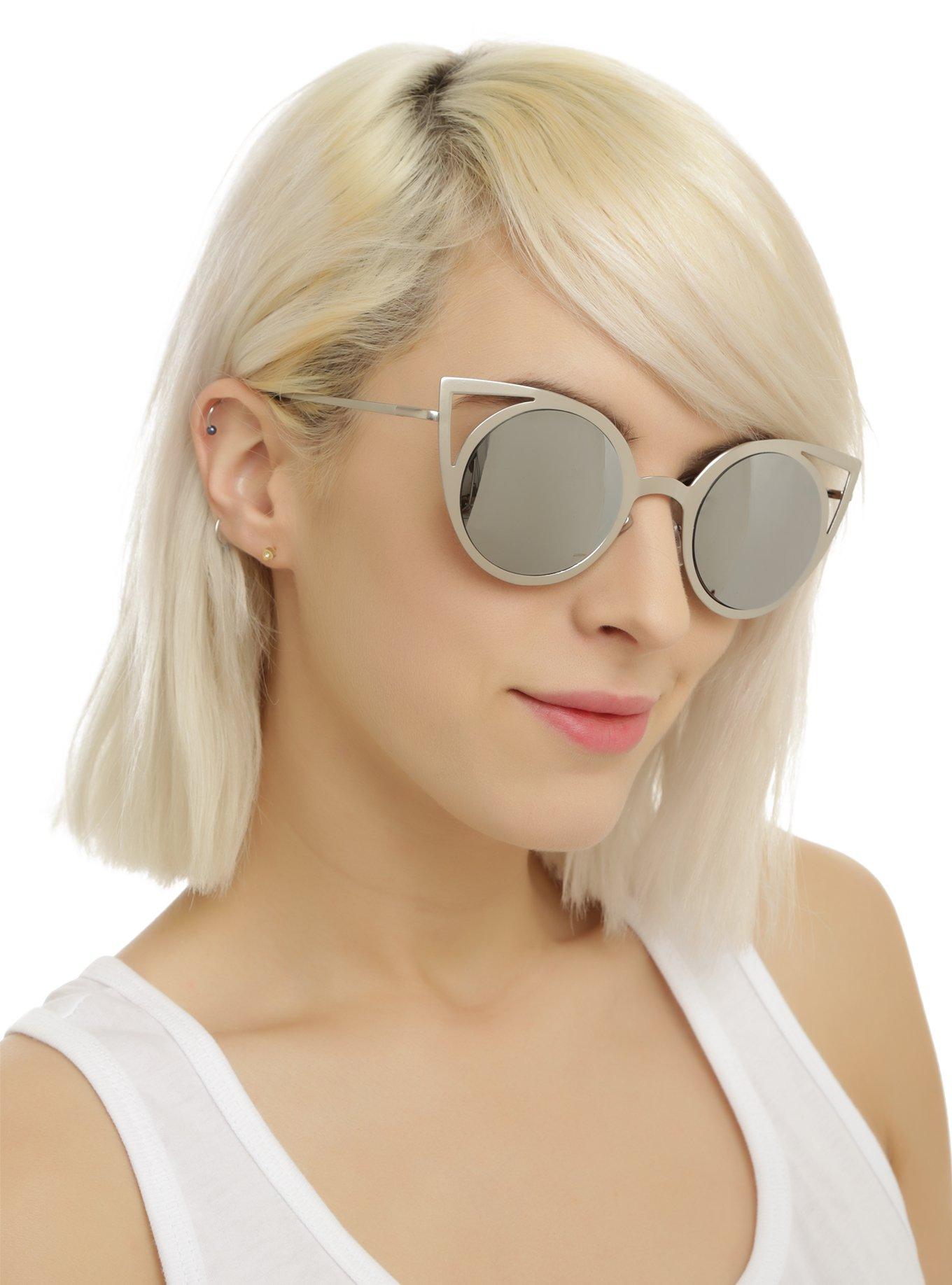 Silver Round Mirror Lens Cateye Sunglasses, , hi-res