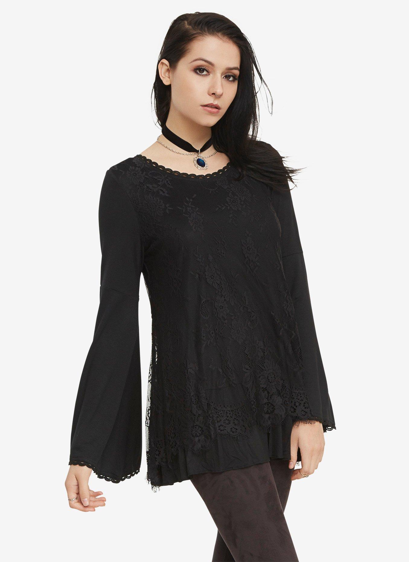 Bell Sleeve Lace Overlay Dress, BLACK, hi-res