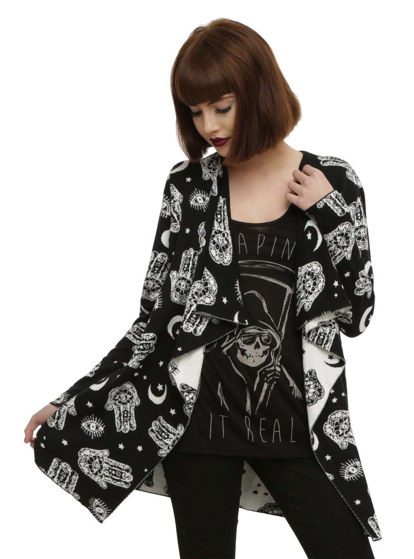 Black & Ivory Hamsa Hand Girls Flyaway Cardigan, BLACK, hi-res