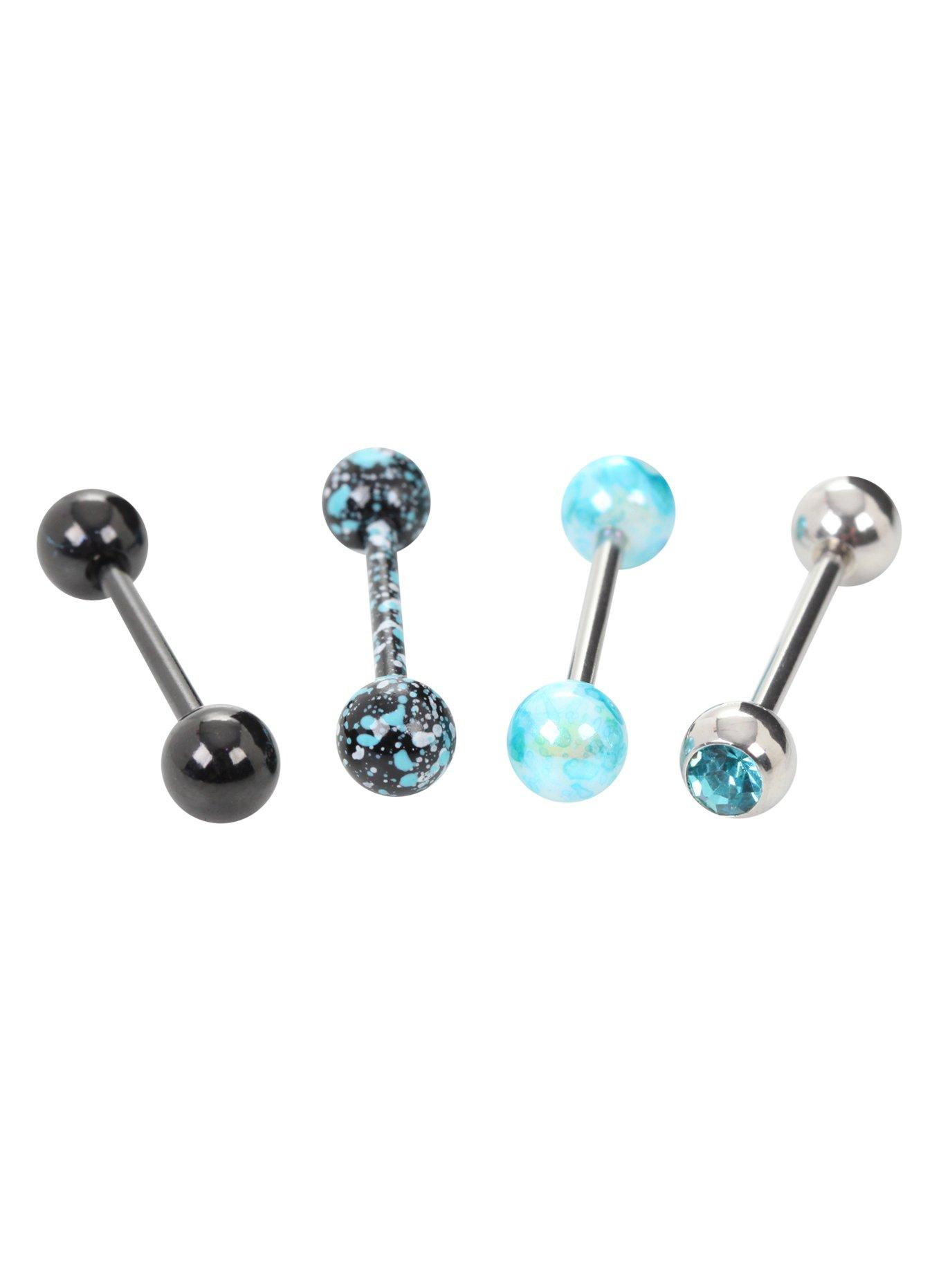 14G Steel Blue Gem Iridescent Splatter Tongue Barbell 5 Pack, , hi-res