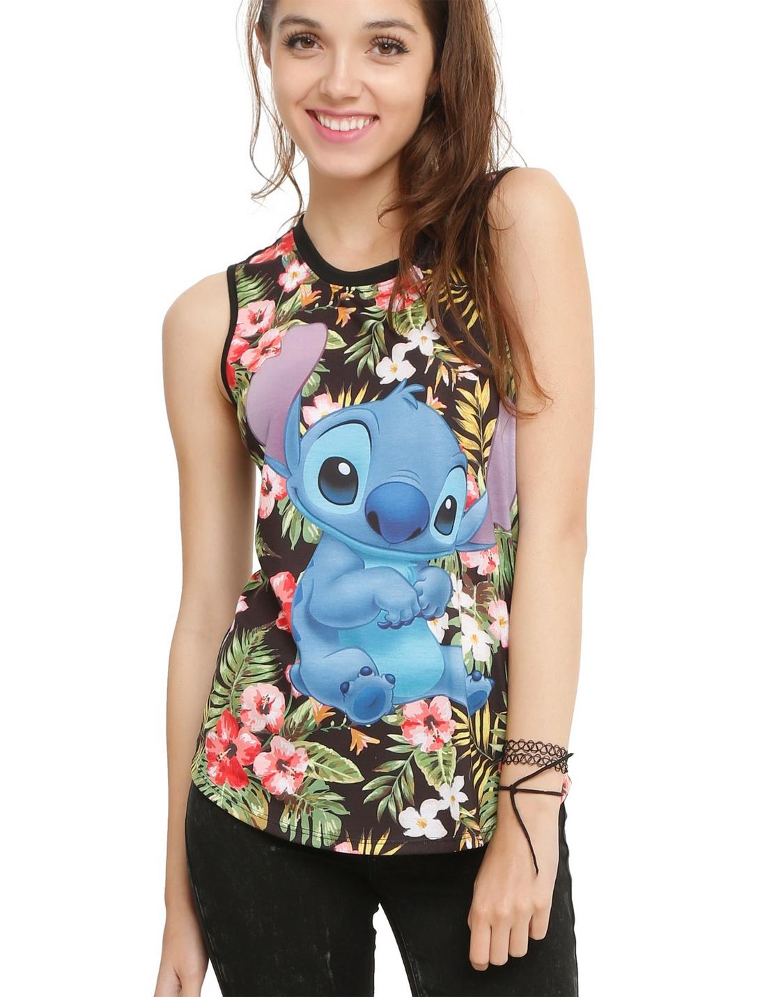 Disney Lilo & Stitch Floral Girls Muscle Top, BLACK, hi-res