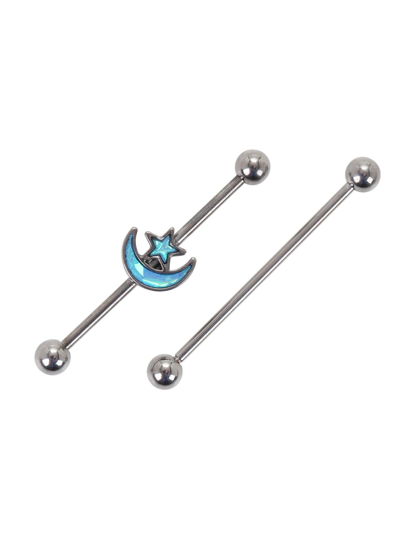 14G Steel Blue Opal Moon & Star Industrial Barbell 2 Pack, , hi-res