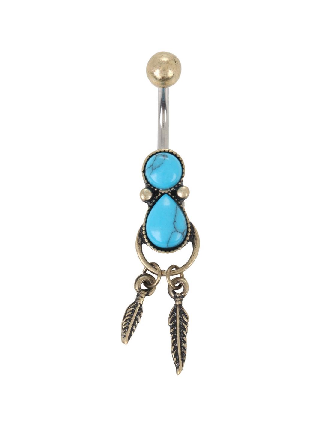 14G Steel Burnished Gold Turquoise Feather Drop Navel Barbell, , hi-res