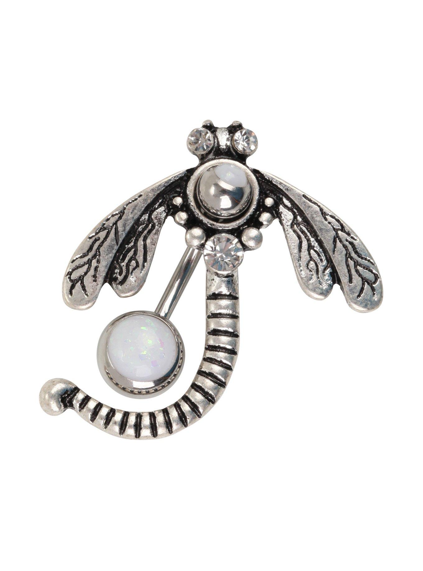 14G Steel Top Hang Opal Dragonfly Navel Barbell, , hi-res