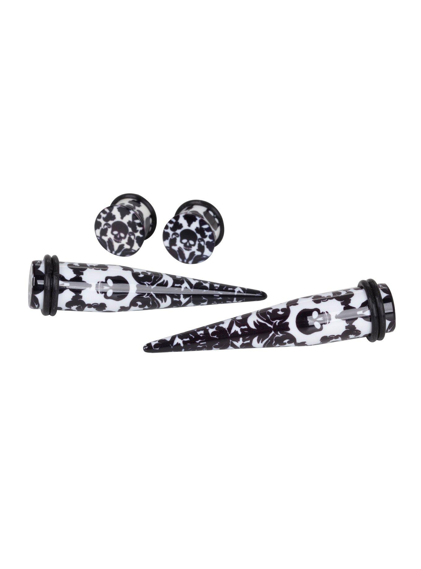 Acrylic Black & White Skull Filigree Plug & Taper 4 Pack, BLACK, hi-res