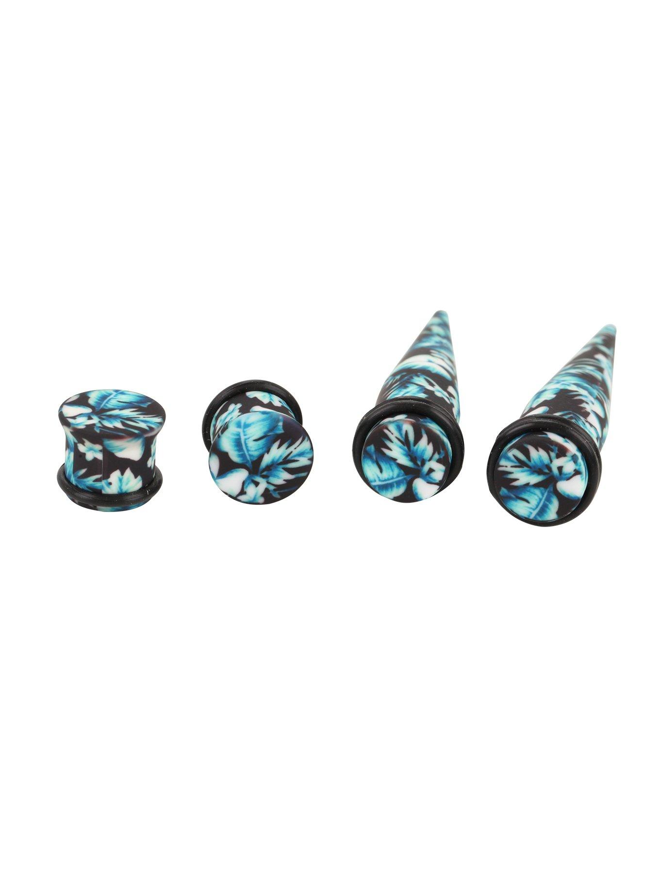 Acrylic Teal Tropical Flower Taper & Plug 4 Pack, BLACK, hi-res