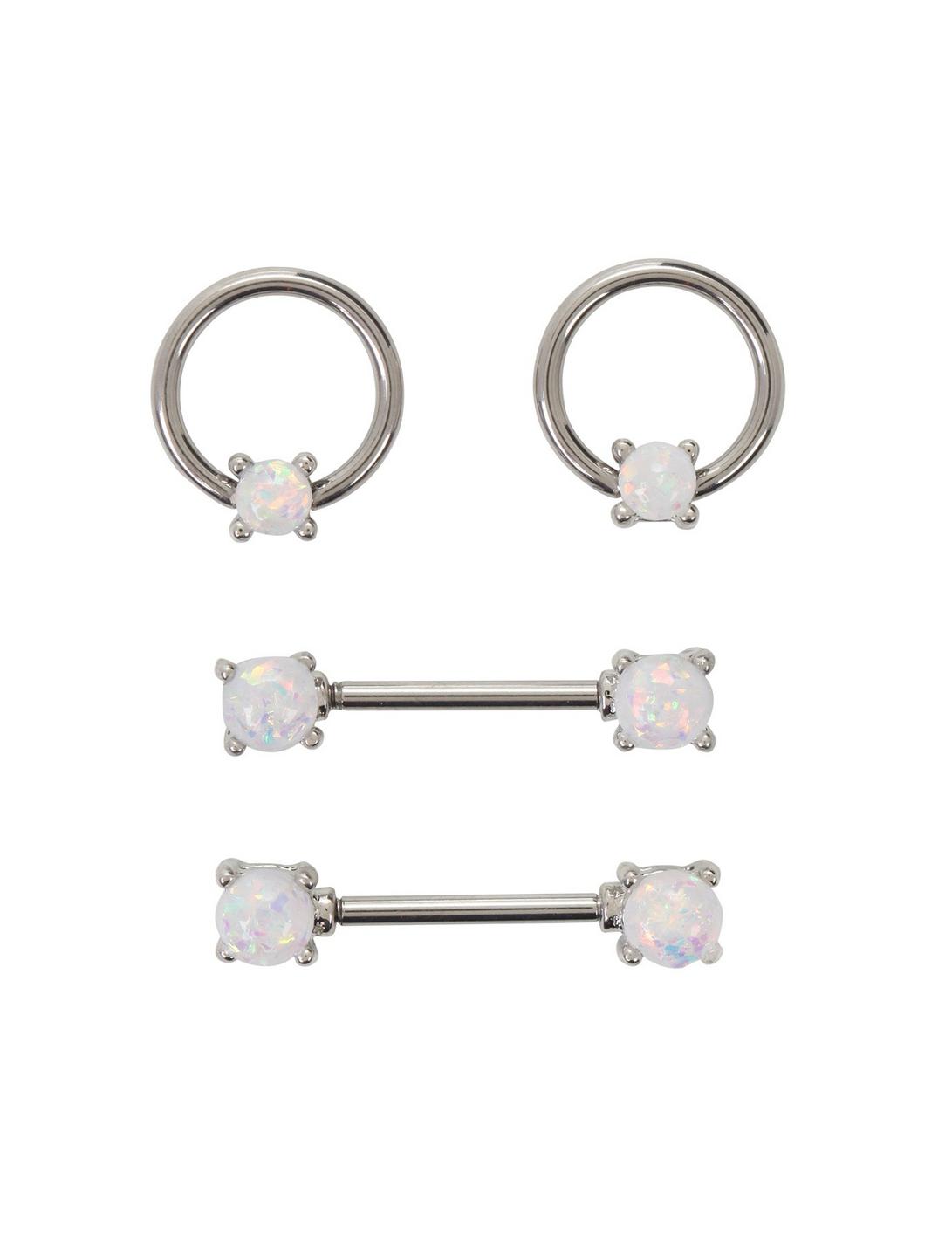 14G Steel White Opal Nipple Barbell & Captive Hoop 4 Pack, , hi-res