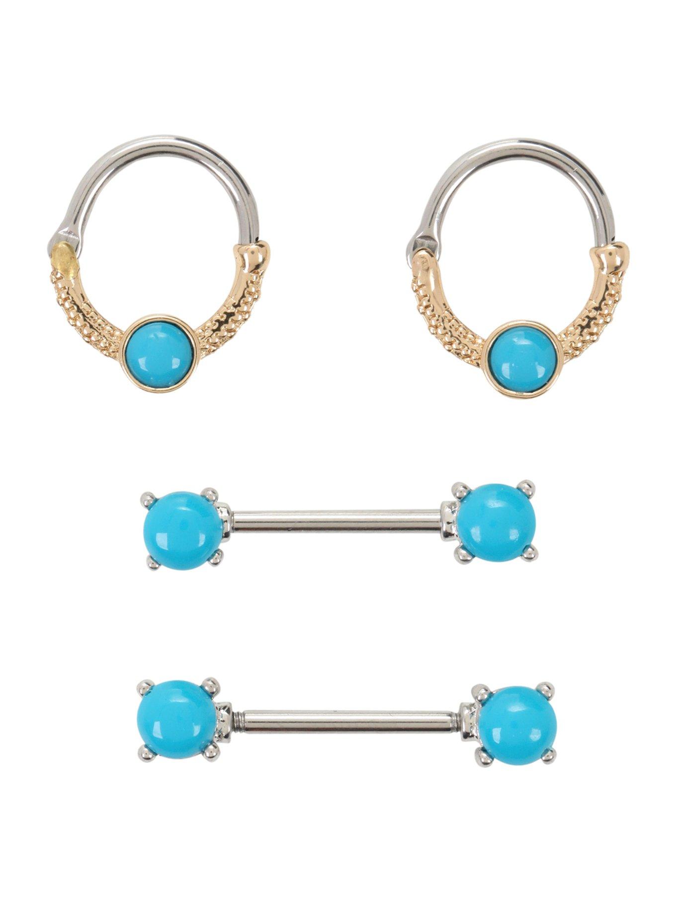 14G Steel Gold Turquoise Nipple Barbell & Hinged Hoop 4 Pack, , hi-res