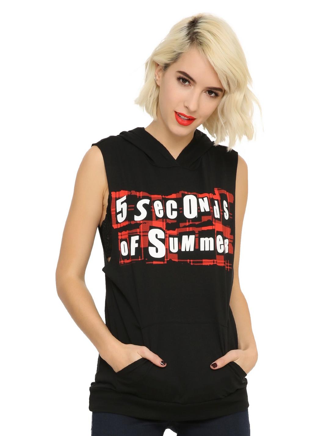 5 Seconds Of Summer Plaid Logo Hooded Girls Muscle Top, BLACK, hi-res