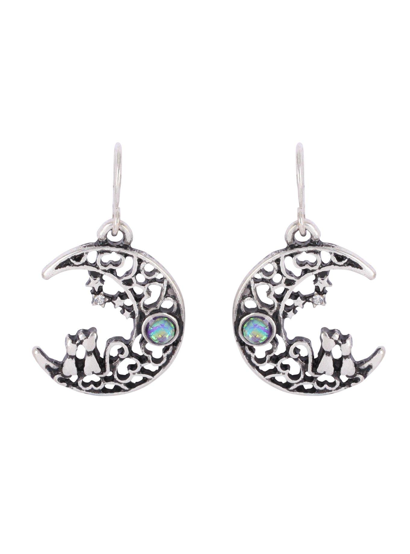 Lovesick Burnished Silver Filigree Moon and Blue Opal Earrings, , hi-res