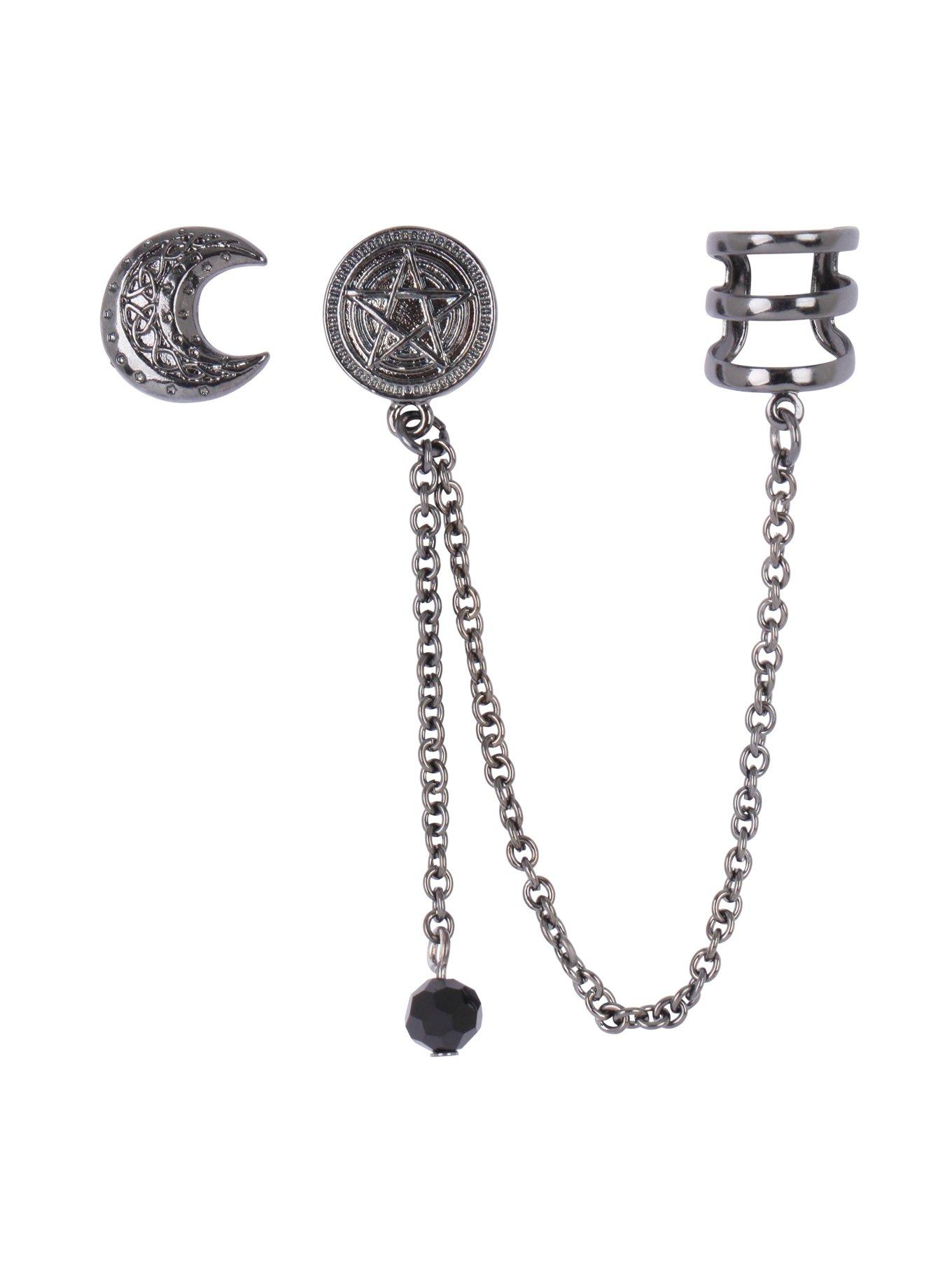 Hematite Moon & Pentagram Cuff Earring 3-Pack, , hi-res