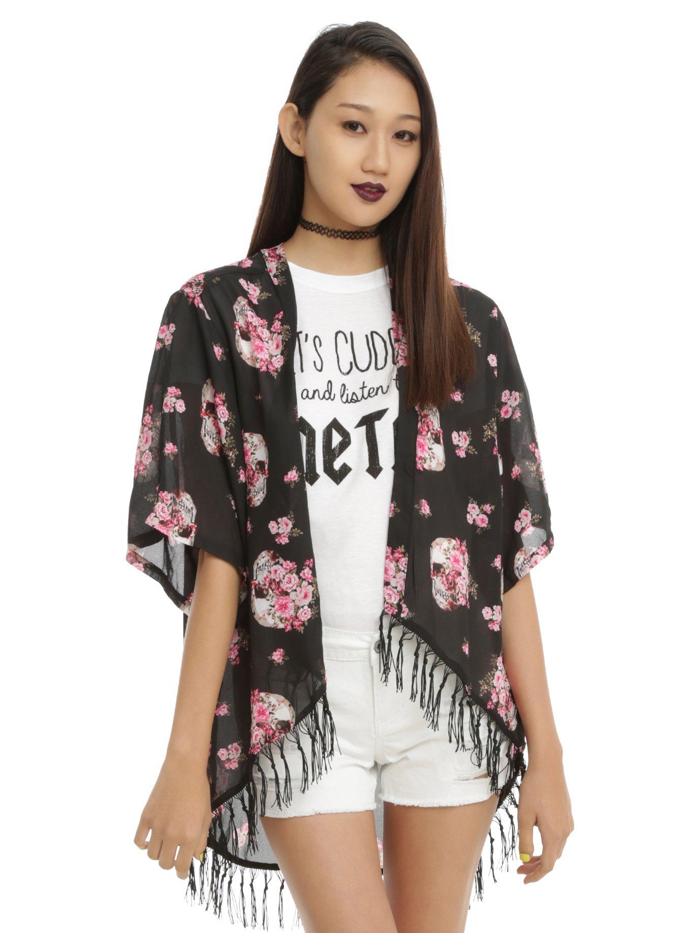 Black Skull Floral Fringe Kimono, BLACK, hi-res