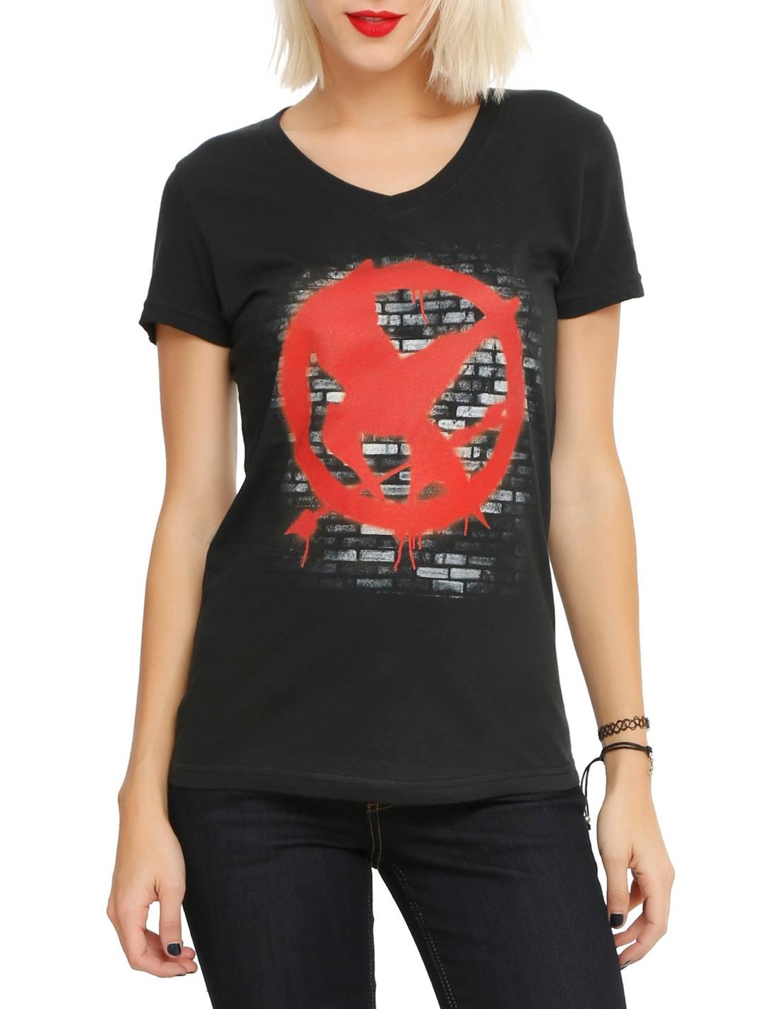 The Hunger Games: Mockingjay Graffiti Girls V-Neck T-Shirt, GREY, hi-res