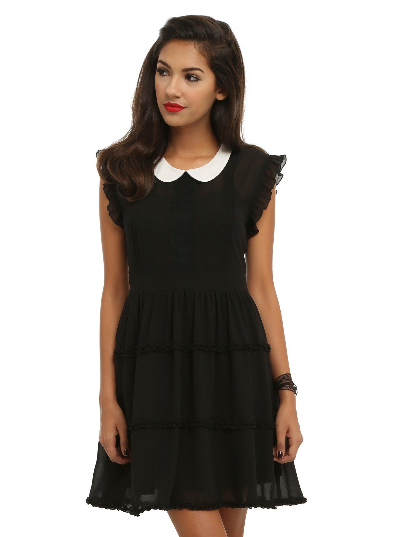 Black & White Collar Chiffon Dress, BLACK, hi-res