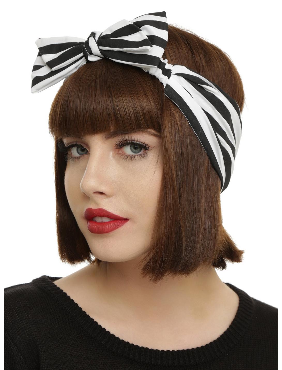 Black & White Stripe Bow Stretch Headband, , hi-res