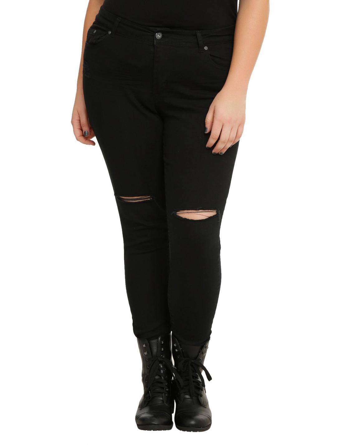 Black Raw Hem Skinny Jeans Plus Size, BLACK, hi-res