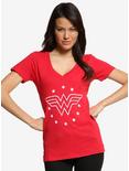 DC Comics Wonder Woman Vintage Logo Womens V-Neck Tee, RED, hi-res