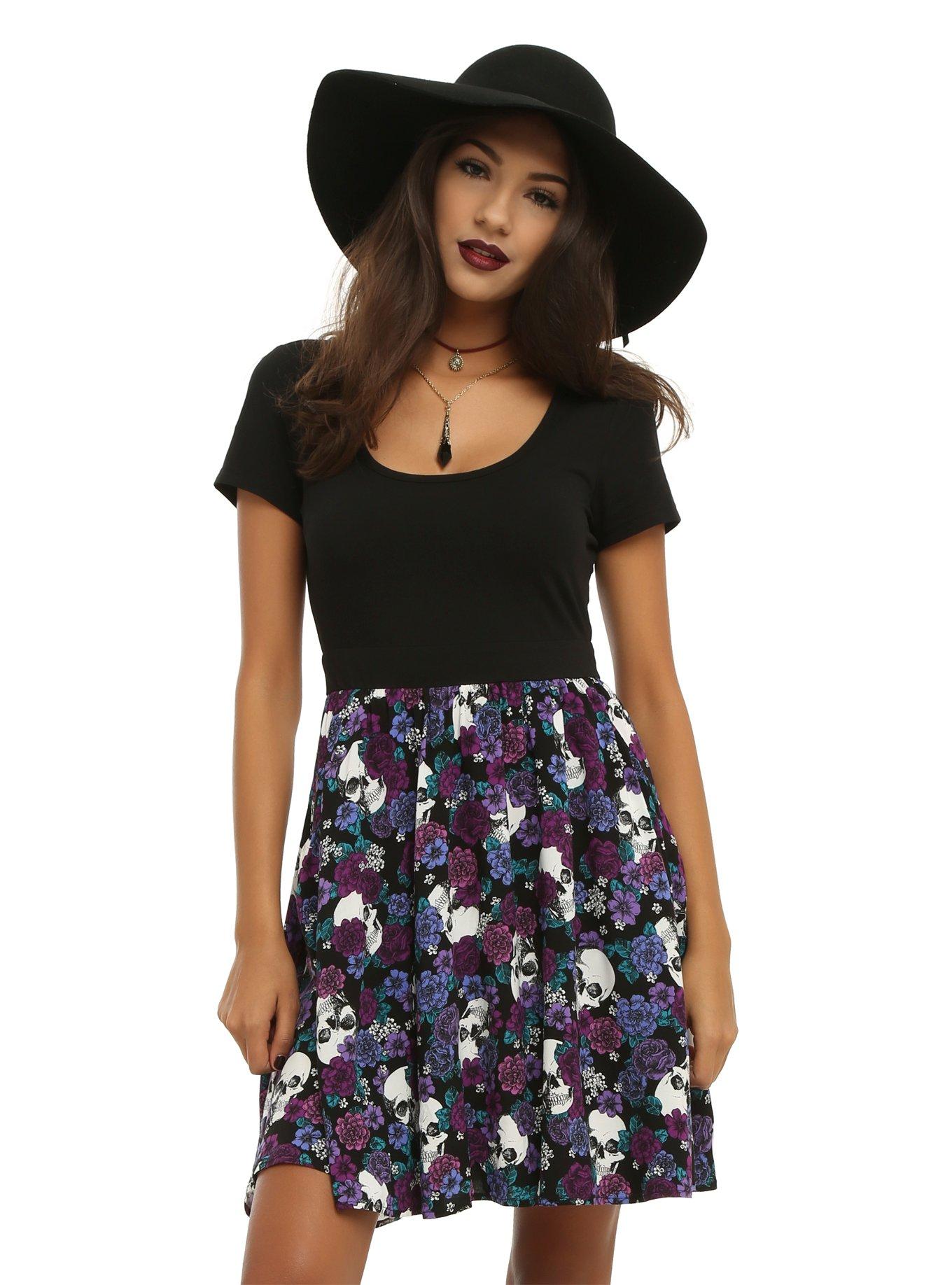 Black & Purple Floral Skull Dress, BLACK, hi-res