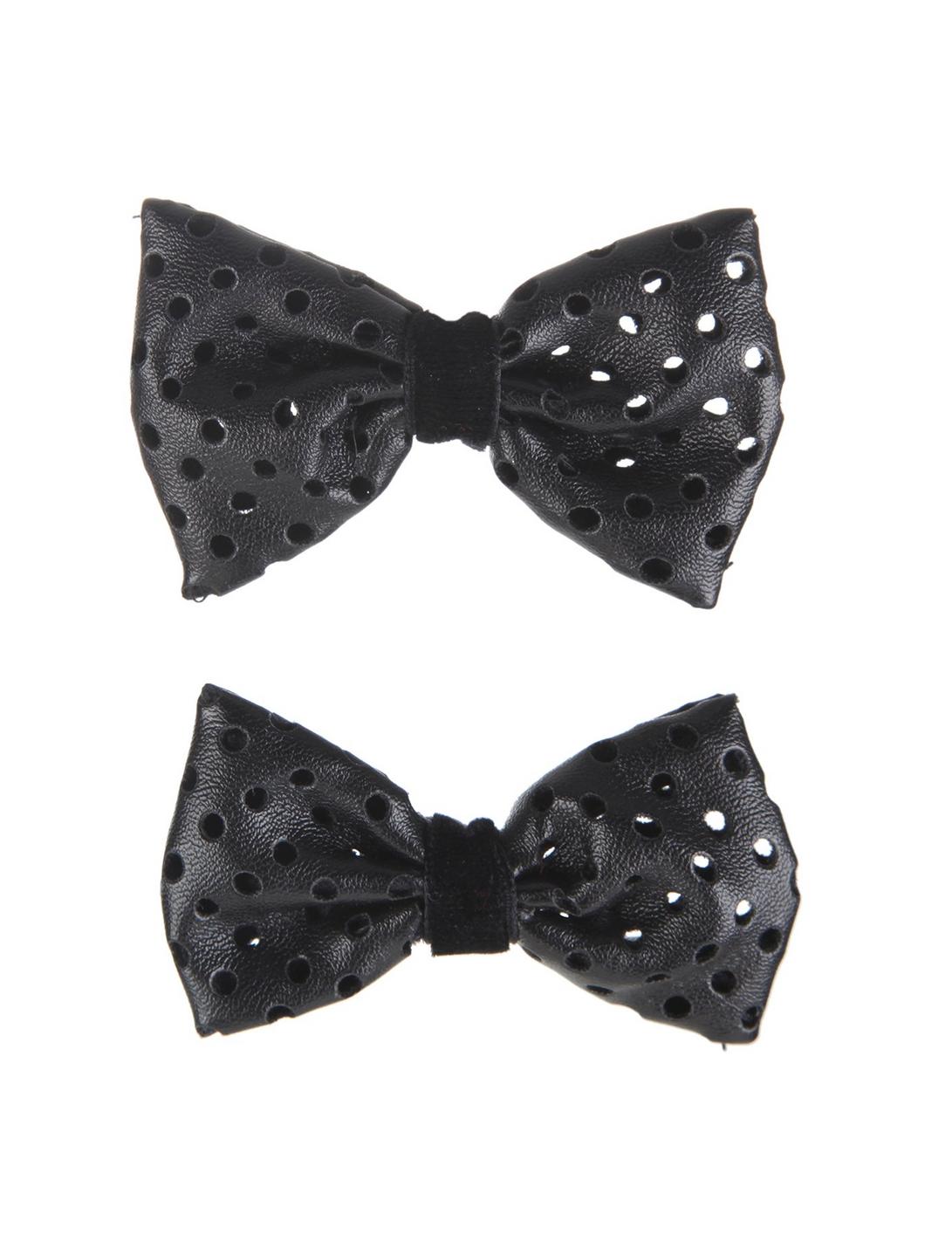 Black Faux Leather Perforated Hair Bows, , hi-res