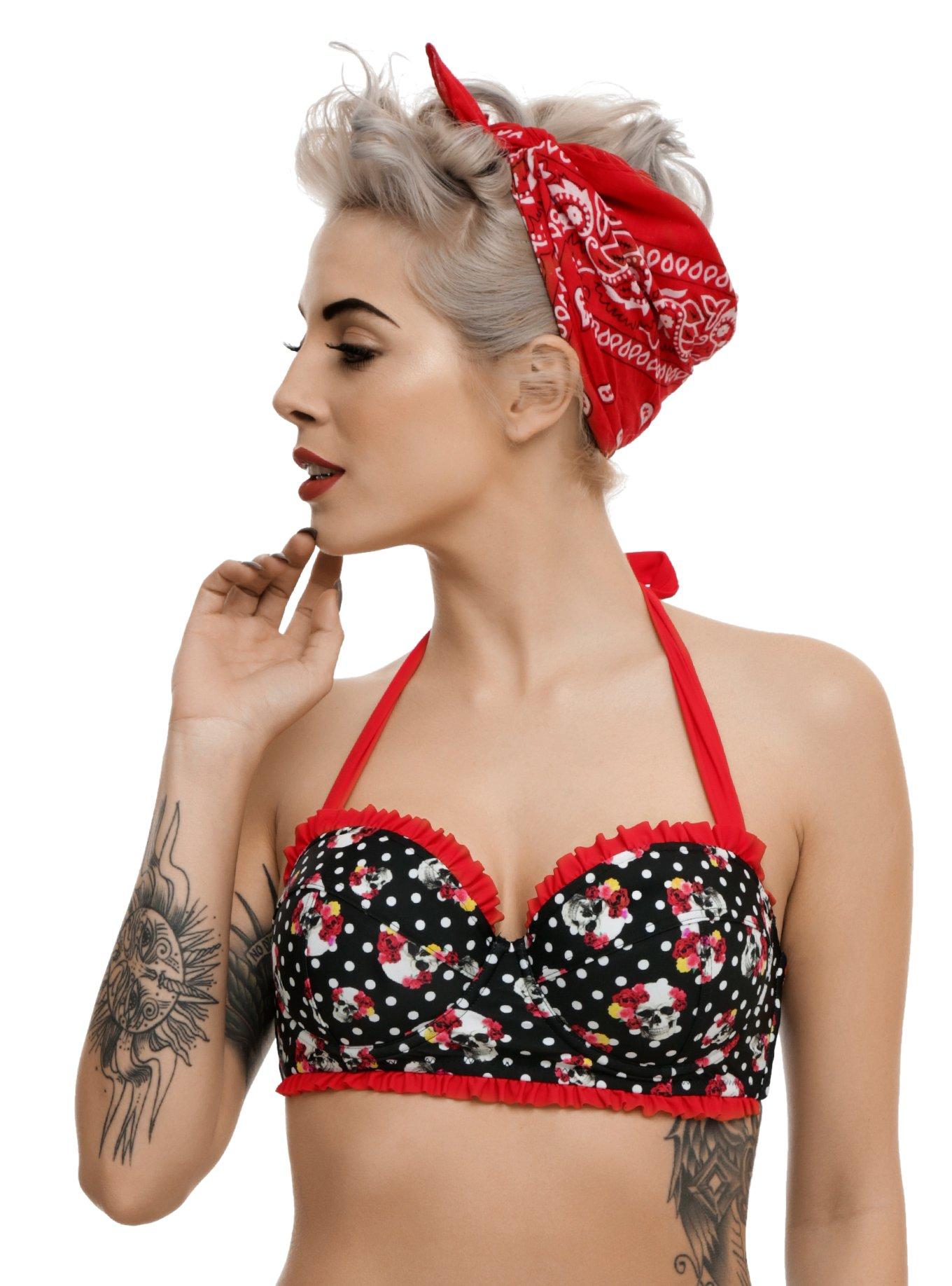 Skull Rose Polka Dot Swim Top, BLACK, hi-res