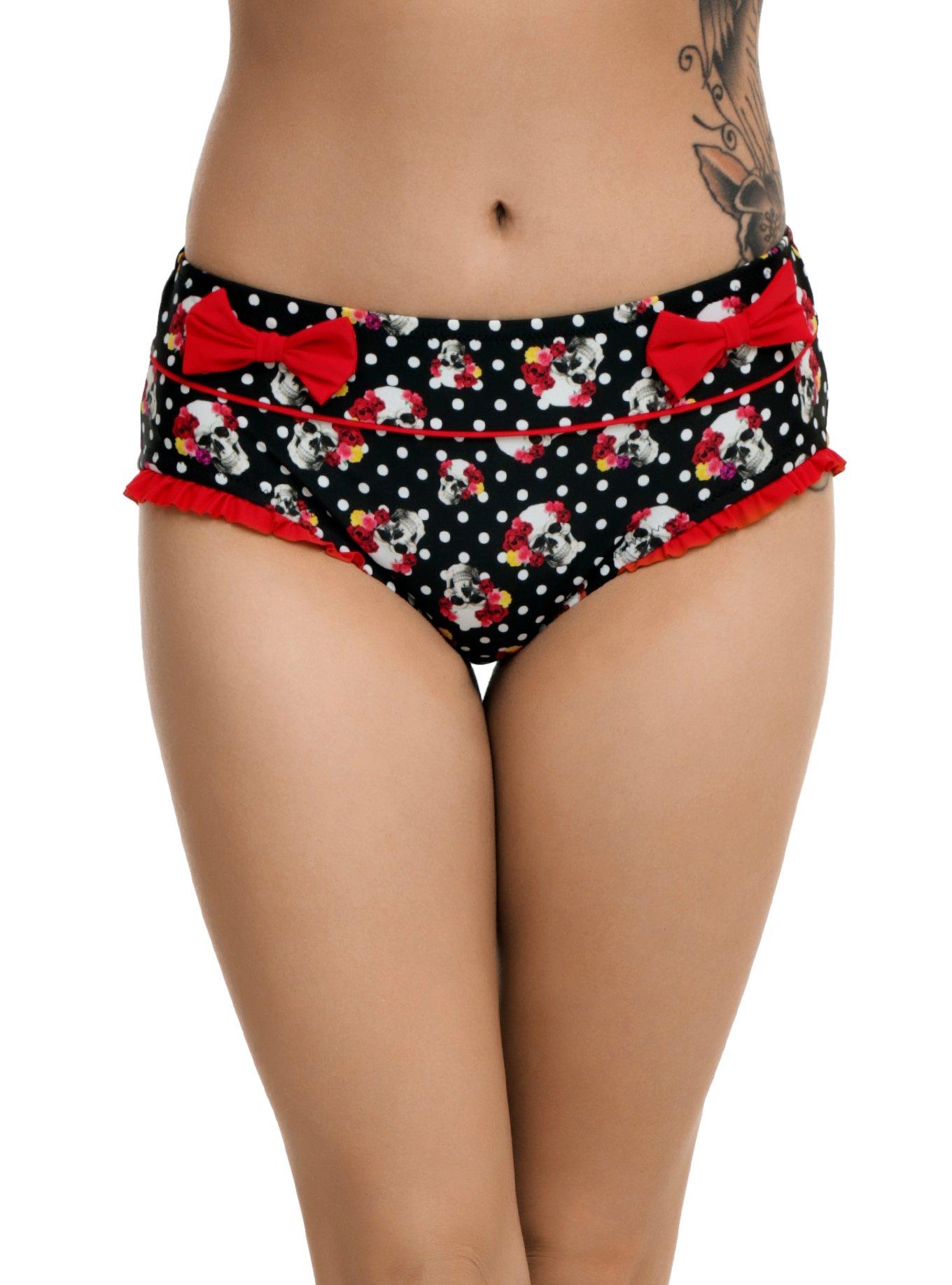 Skull Rose Polka Dot Swim Bottoms, BLACK, hi-res