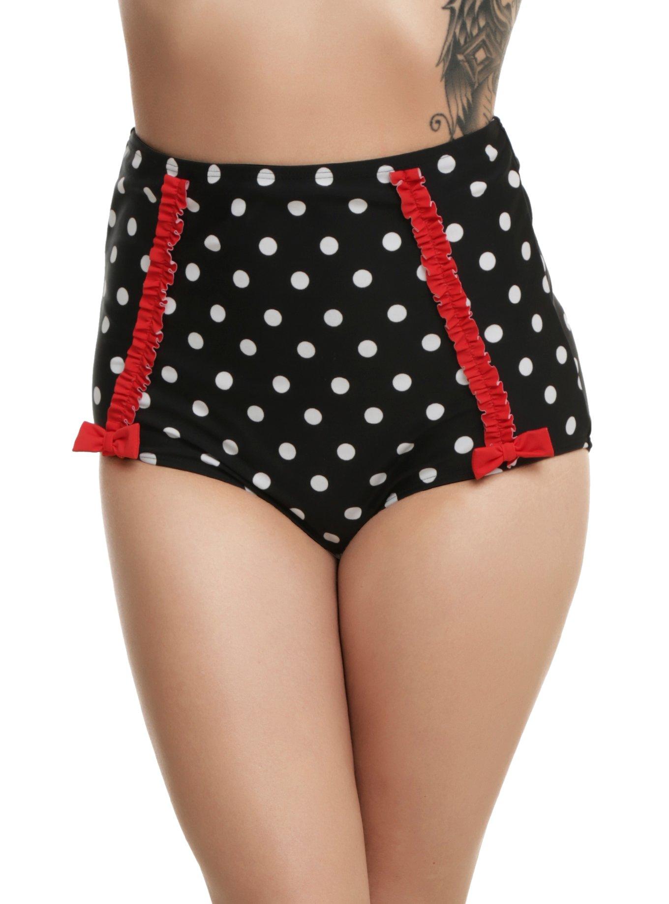 Too Fast Black White & Red Polka Dot Swim Bottoms, BLACK-WHITE DOT, hi-res