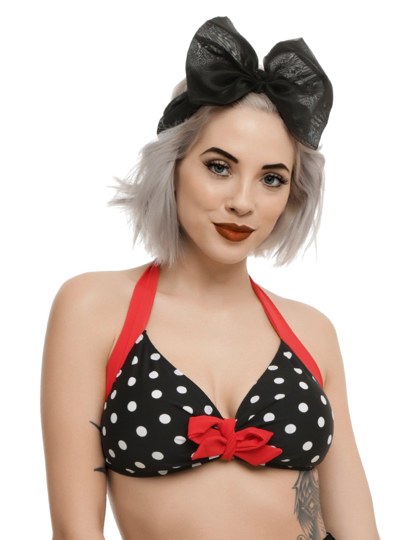 Too Fast Black White & Red Polka Dot Swim Top, BLACK-WHITE DOT, hi-res
