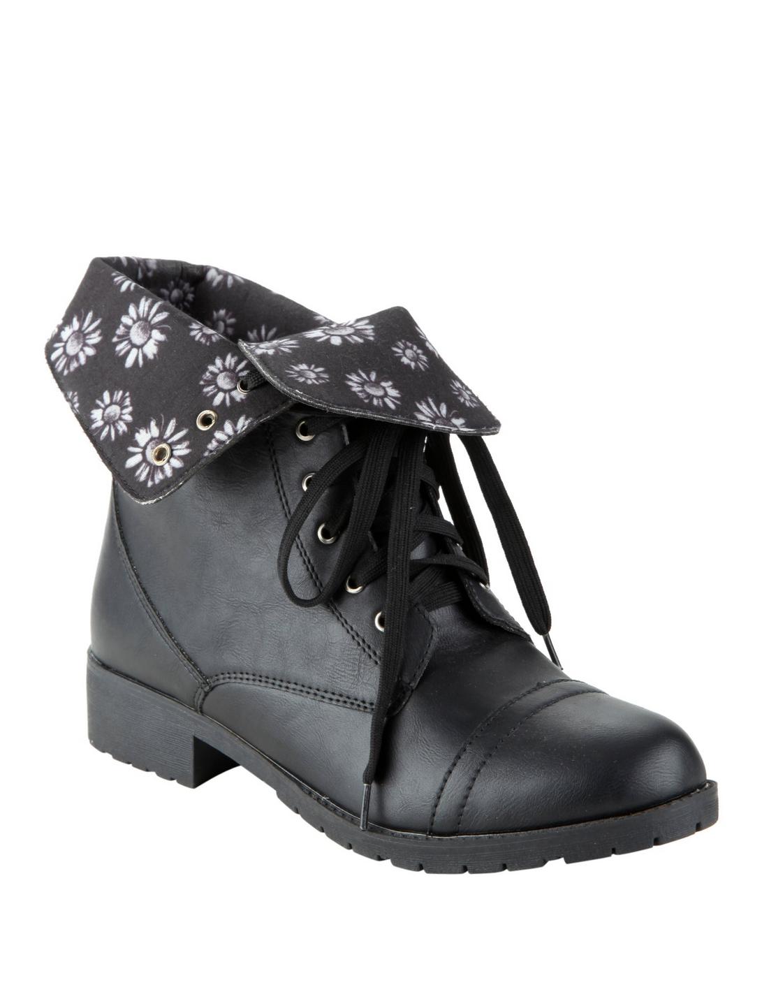 Black Daisy Combat Boots, BLACK, hi-res