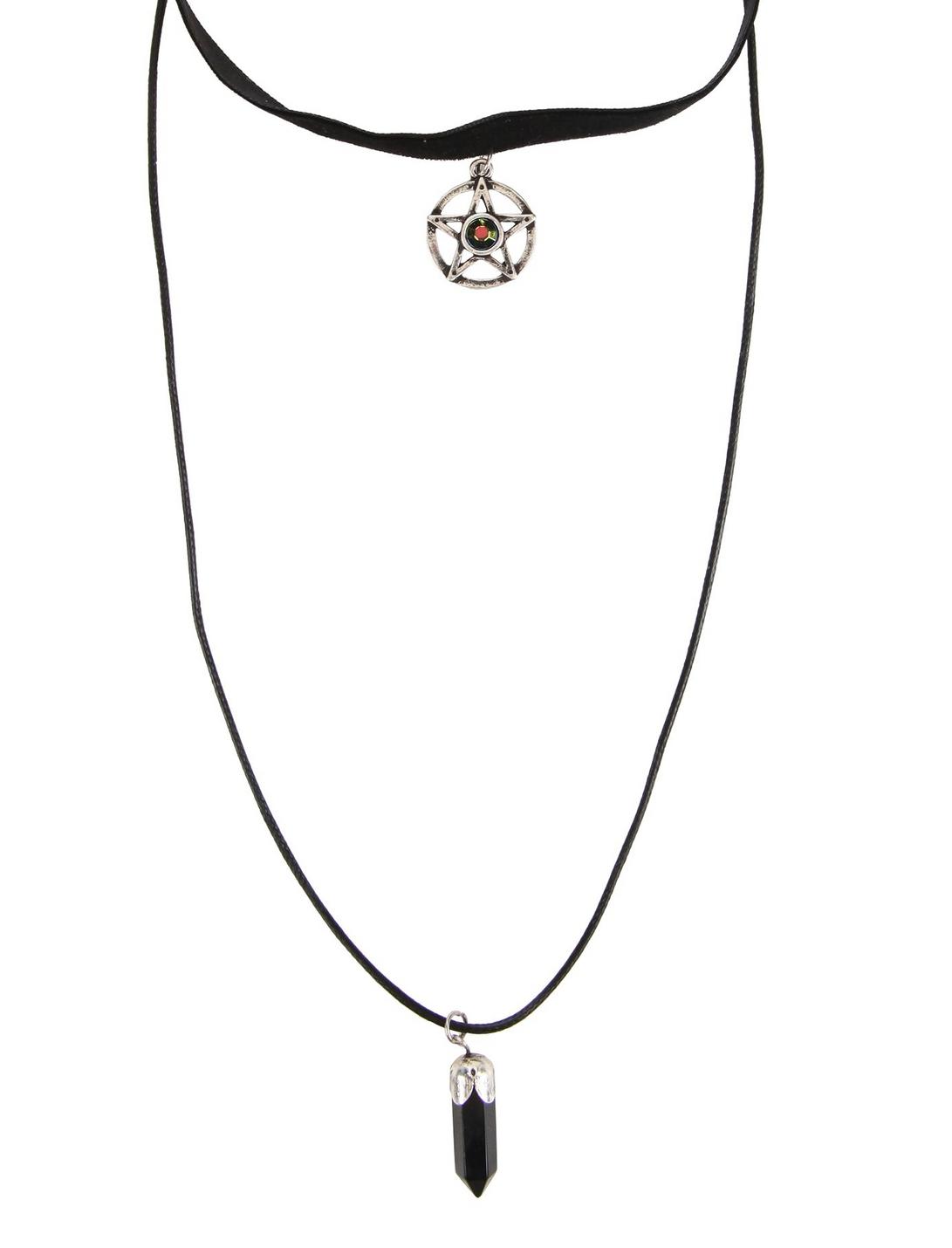Pentagram & Black Crystal Necklace Set, , hi-res