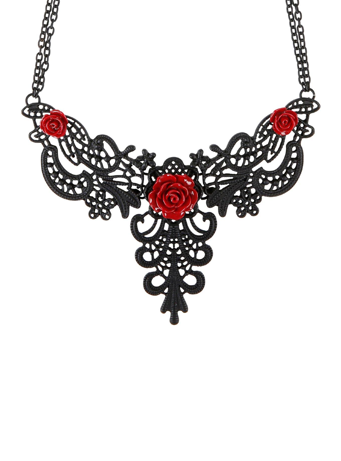 Black Filigree Red Rose Necklace, , hi-res
