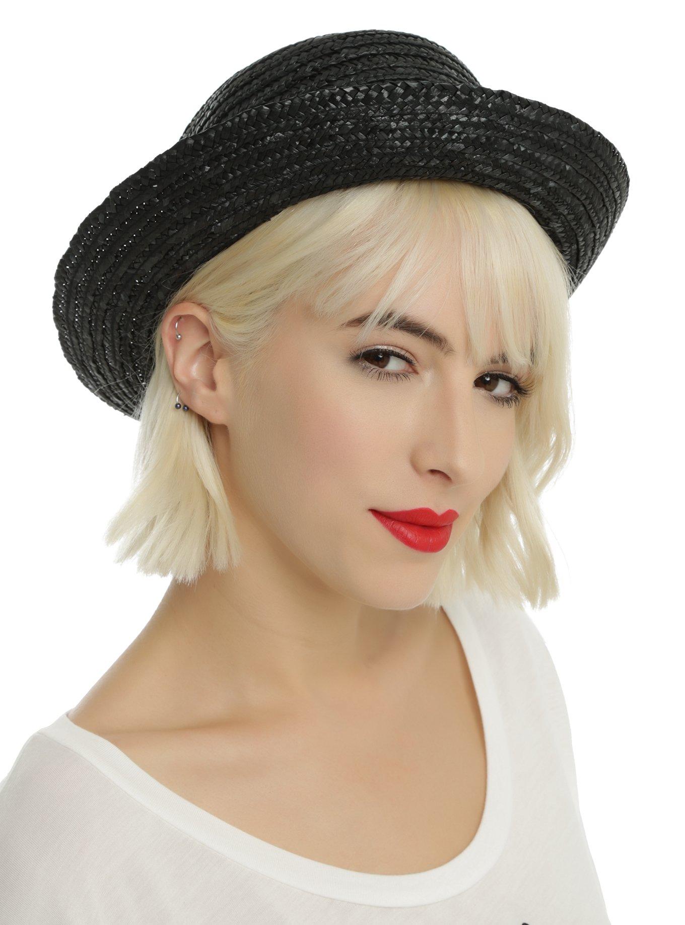 Black Straw Boater Hat, , hi-res