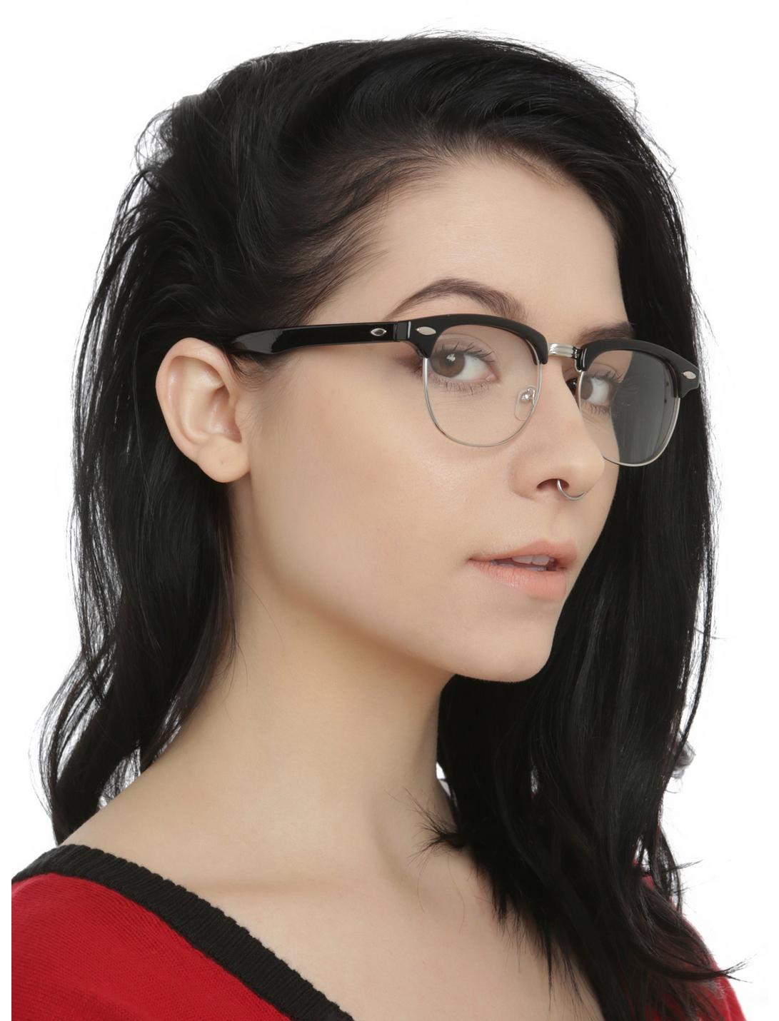 Black Half-Rim Clear Lens Glasses, , hi-res