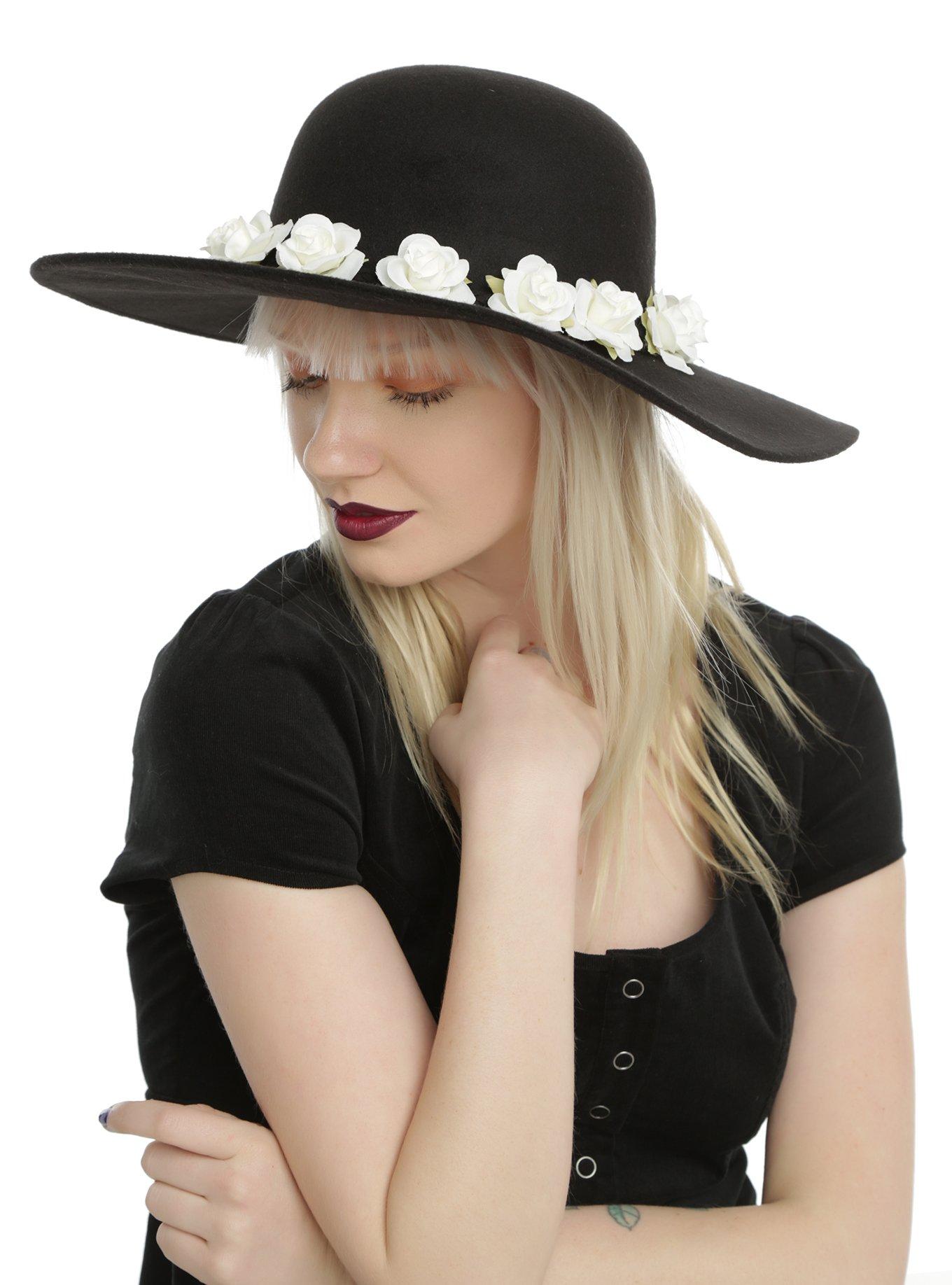 Floral Band Black Felt Floppy Hat, , hi-res