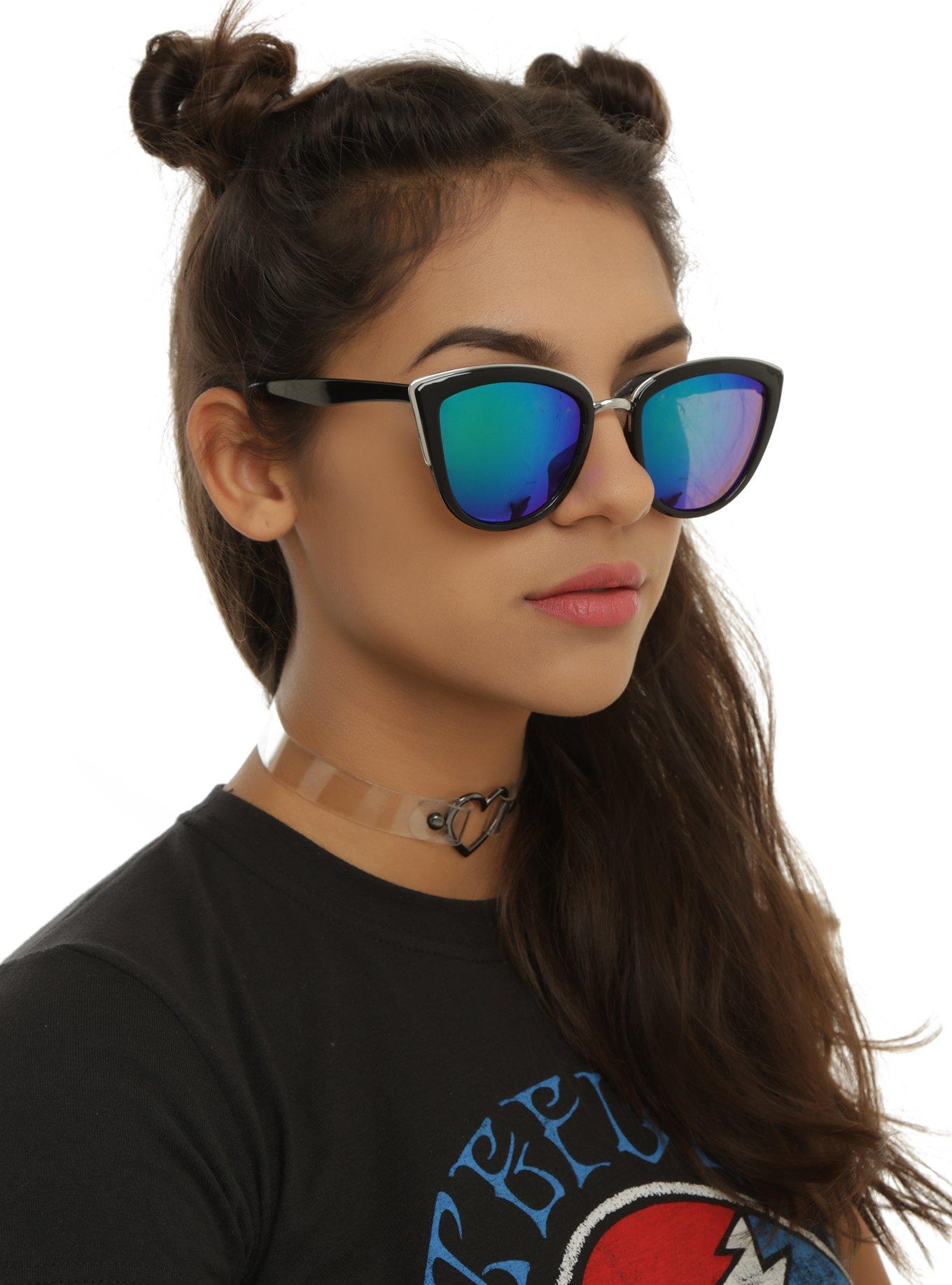 Black & Silver Metal Flash Lens Cat Eye Sunglasses, , hi-res