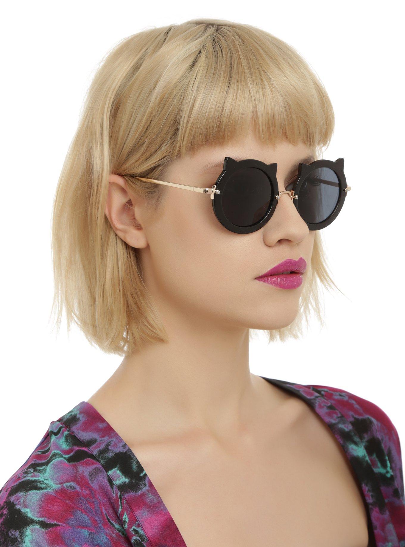 Black Kitty Round Sunglasses, , hi-res