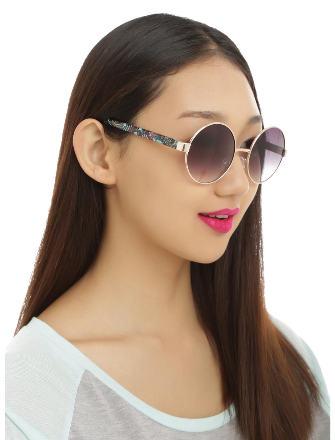 Gold Tone Wire Paisley Arm Round Sunglasses, , hi-res