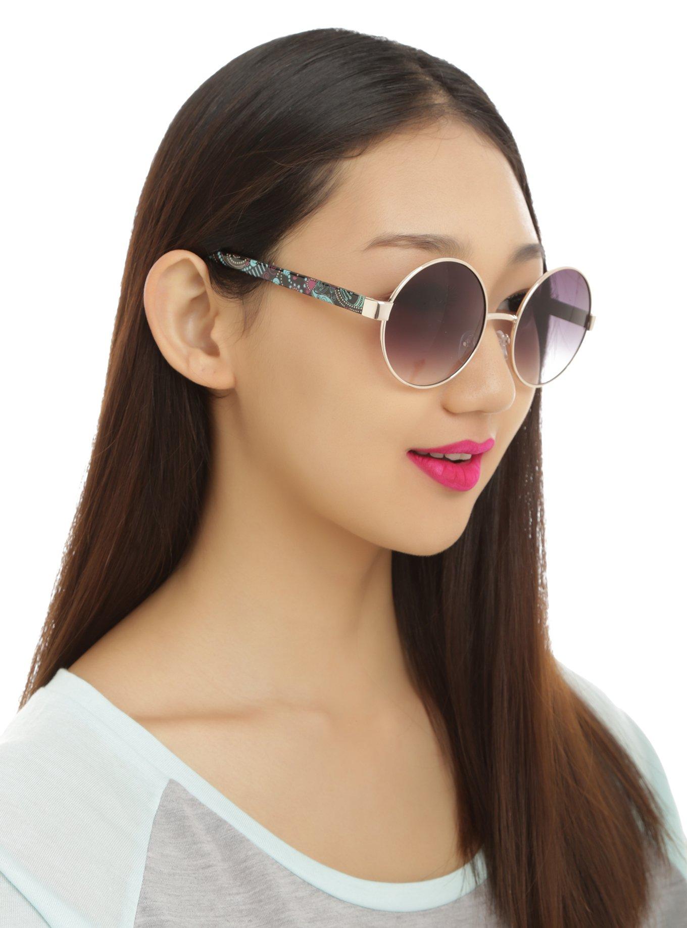 Gold Tone Wire Paisley Arm Round Sunglasses, , hi-res