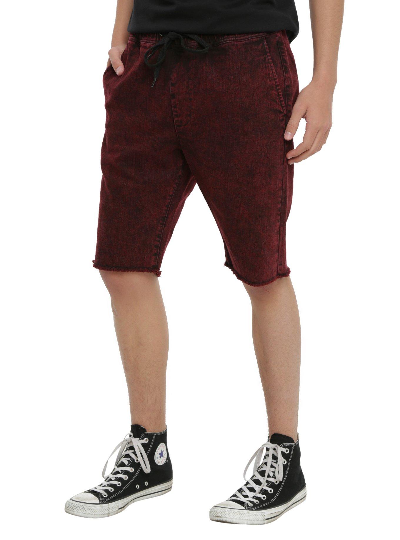 XXX RUDE Red Acid Wash Jogger Shorts, DARK RED, hi-res