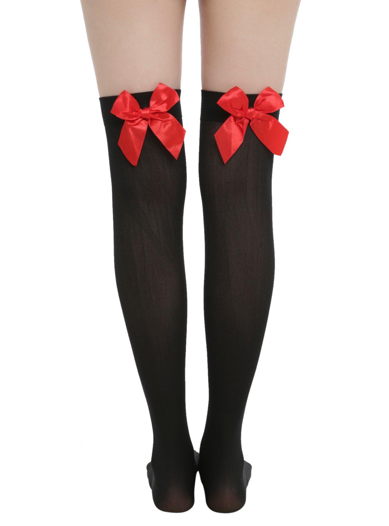 Black & Red Bow Thigh Highs, , hi-res