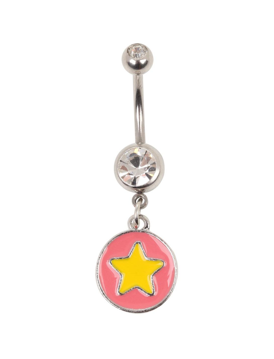14G Steel CZ Red & Yellow Star Navel Barbell, , hi-res