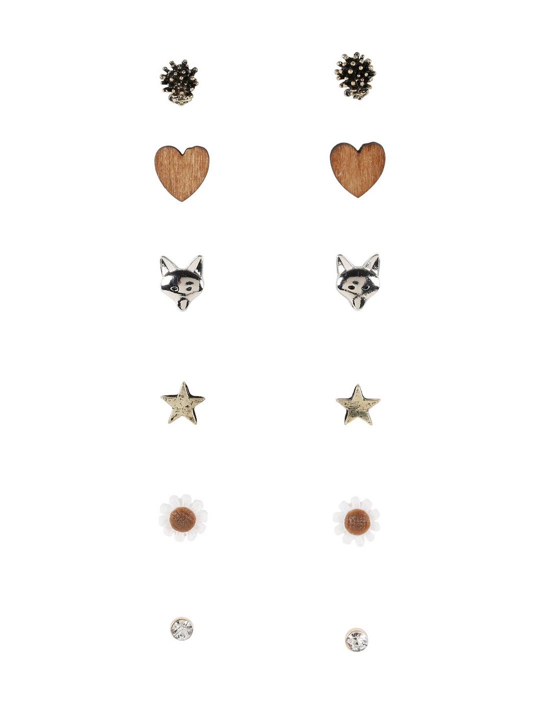 Wood Heart Fox Daisy Earrings Set, , hi-res