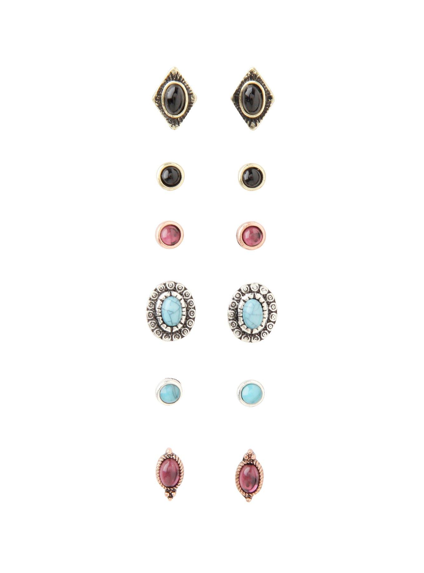 Black Purple Turquoise Boho Earrings 6 Pair, , hi-res